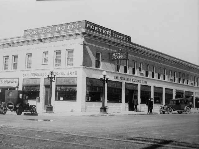 A reproduction photo showing the Porter Hotel, circa 1920s.  From the Lopez Adobe Collection.