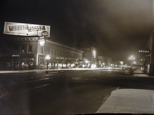 A beautiful view of San Fernando at night, ca. 1930s, including, at left, the Porter Hotel, which operated for fifty years from 1913 to 1964.