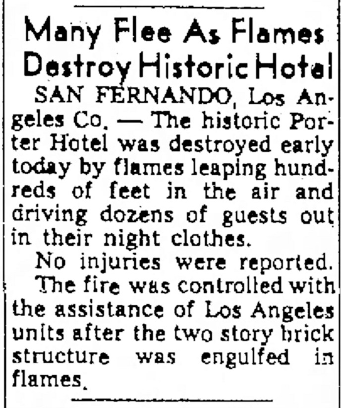 A short article from the Fresno Bee-Republican, 21 July 1964, covering the fire that gutted the Porter Hotel.