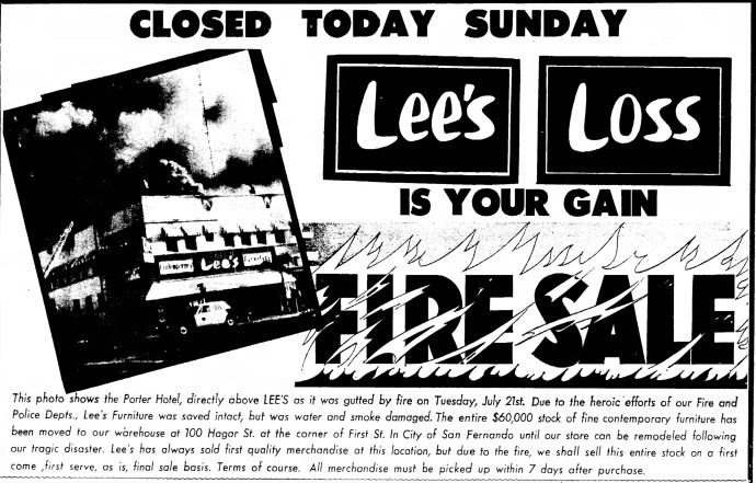 The Valley News of 2 August 1964 featured this ad for a "fire sale" from Lee's Furniture, a tenant of the burned-out Porter Hotel.