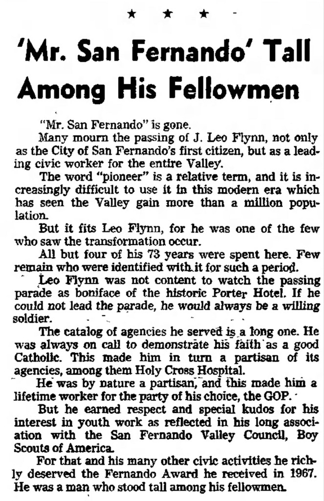 Tribute was paid to J. Leo Flynn, "Mr. San Fernando" in this 18 August 1970 article from the Valley News.